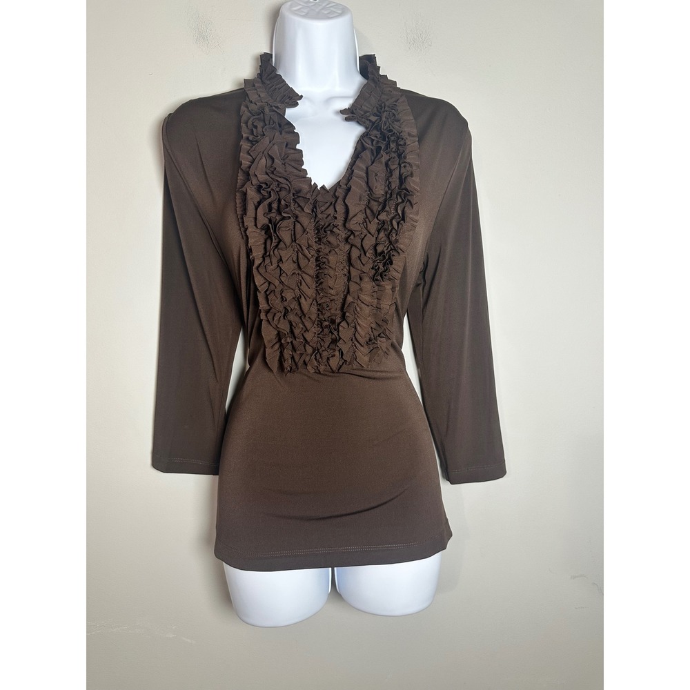 Due Per‎ Due Brown Ruffle V-Neck 3/4 Sleeve Blouse Top T40902 Mens